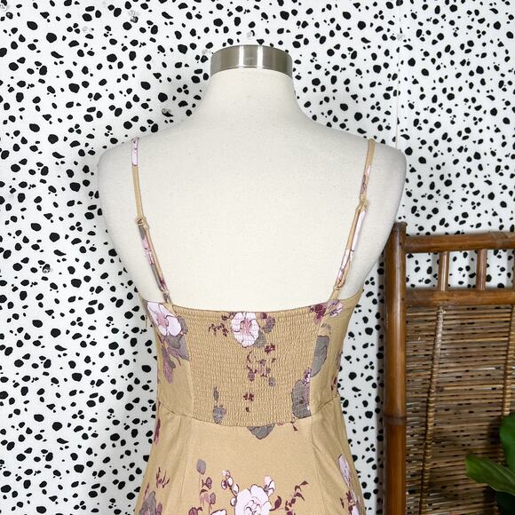 Aritzia | Wilfred Bellow Tan Yellow Floral Print Tie Bust Sexy Summer Midi Dress - Picture 6 of 13